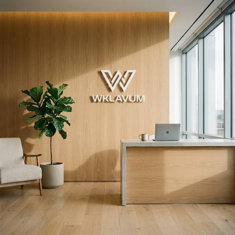 Recepcja siedziby Wklavum: drewniana ściana z białym logo Wklavum, roślina, fotel i biurko w naturalnym świetle