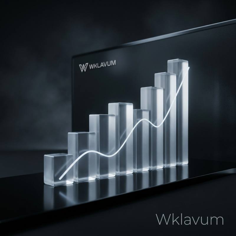 Szklane słupki rosnącego wykresu przecięte świetlistą linią trendu, w tle logo Wklavum